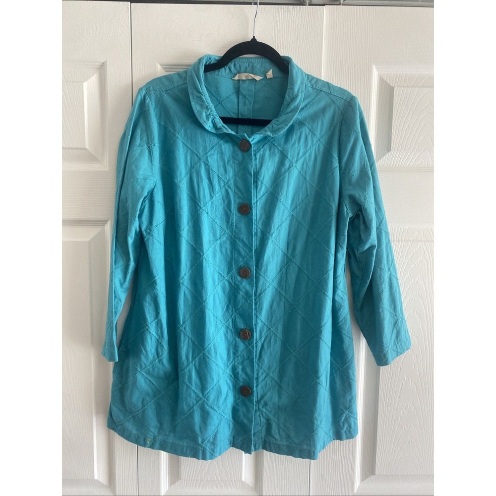 Soft Surroundings Quilted Button Front Womens Size L Turquoise Linen Blend